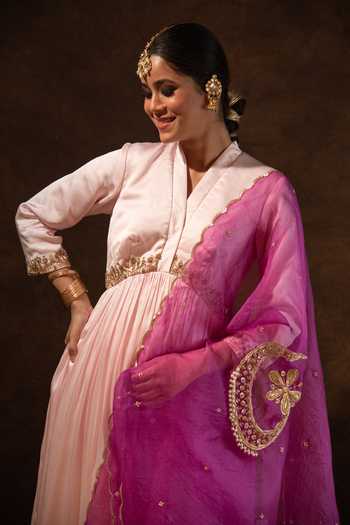 Shop Eraaya by Ratika J Pink Satin, Organza V-neck Rua Embroidered Anarkali Set Online at Aza Fashions Shop_Eraaya by Ratika J_Pink Satin, Organza V-neck Rua Embroidered Anarkali Set _Online_at_Aza_Fashions