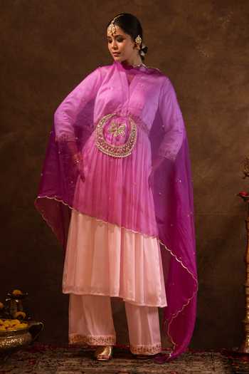 Eraaya by Ratika J Pink Satin, Organza V-neck Rua Embroidered Anarkali Set at Aza Fashions Eraaya by Ratika J_Pink Satin, Organza V-neck Rua Embroidered Anarkali Set _at_Aza_Fashions