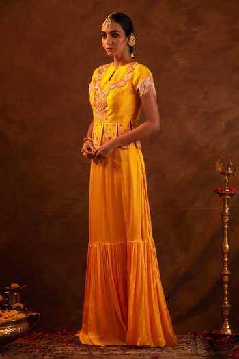 Eraaya by Ratika J Yellow Satin, Silk Keyhole Neck Chic Embroidered Blouse And Skirt Set Online at Aza Fashions Eraaya by Ratika J_Yellow Satin, Silk Keyhole Neck Chic Embroidered Blouse And Skirt Set _Online_at_Aza_Fashions