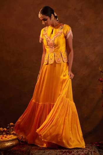 Shop Eraaya by Ratika J Yellow Satin, Silk Keyhole Neck Chic Embroidered Blouse And Skirt Set Online at Aza Fashions Shop_Eraaya by Ratika J_Yellow Satin, Silk Keyhole Neck Chic Embroidered Blouse And Skirt Set _Online_at_Aza_Fashions