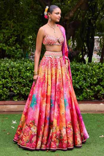 Buy_Cedar & Pine_Multi Color Organza, Brocade Sweetheart Neck Sangeet Floral Print Lehenga Set _Online_at_Aza_Fashions