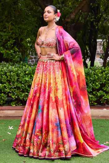 Shop_Cedar & Pine_Multi Color Organza, Brocade Sweetheart Neck Sangeet Floral Print Lehenga Set _Online_at_Aza_Fashions