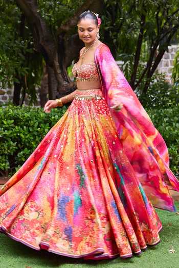 Cedar & Pine_Multi Color Organza, Brocade Sweetheart Neck Sangeet Floral Print Lehenga Set _at_Aza_Fashions