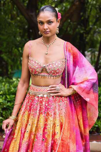 Buy_Cedar & Pine_Multi Color Organza, Brocade Sweetheart Neck Sangeet Floral Print Lehenga Set 