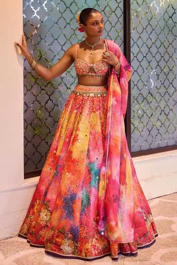 Shop_Cedar & Pine_Multi Color Organza, Brocade Sweetheart Neck Sangeet Floral Print Lehenga Set 