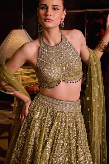 Buy_Cedar & Pine_Green Silk, Organza, Tulle Halter Neck Kaleera Sequin Embroidered Lehenga Set 