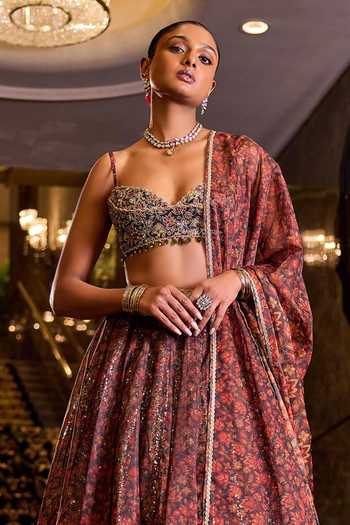 Shop_Cedar & Pine_Olive Green Organza, Dupion Sweetheart Neck Nikhar Printed Lehenga Set 