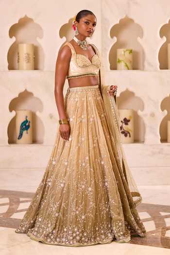 Shop_Cedar & Pine_Green Organza, Net, Velvet Sweetheart Neck Dhaani Hand Embroidered Lehenga Set 