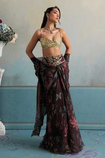 Shop_Mahima Mahajan_Multi Color Silk Organza Sweetheart Neck Nazeer Floral Pattern Draped Skirt Set 