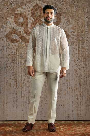 Buy_Asuka_Cream Organza Embroidery Subtle Motif Bandhgala Set 