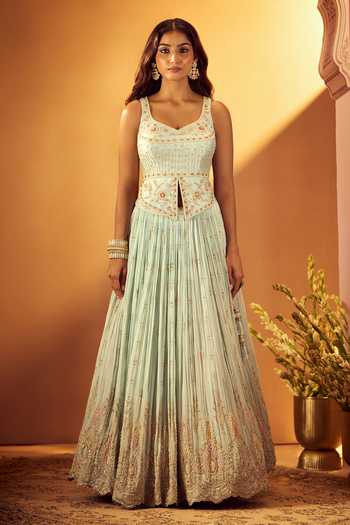 Buy_Samyukta Singhania_Sky Blue Silk, Georgette, Organza Sweetheart Embroidered Slit Top Lehenga Set _Online_at_Aza_Fashions
