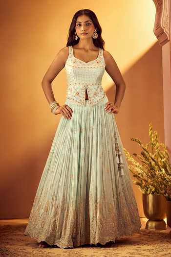 Shop_Samyukta Singhania_Sky Blue Silk, Georgette, Organza Sweetheart Embroidered Slit Top Lehenga Set _Online_at_Aza_Fashions