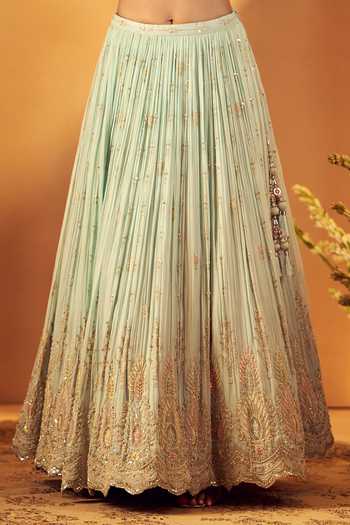 Samyukta Singhania_Sky Blue Silk, Georgette, Organza Sweetheart Embroidered Slit Top Lehenga Set _at_Aza_Fashions