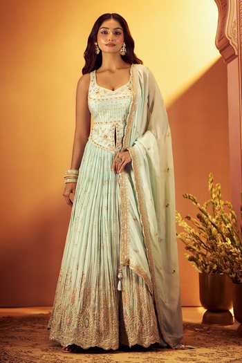 Buy_Samyukta Singhania_Sky Blue Silk, Georgette, Organza Sweetheart Embroidered Slit Top Lehenga Set 