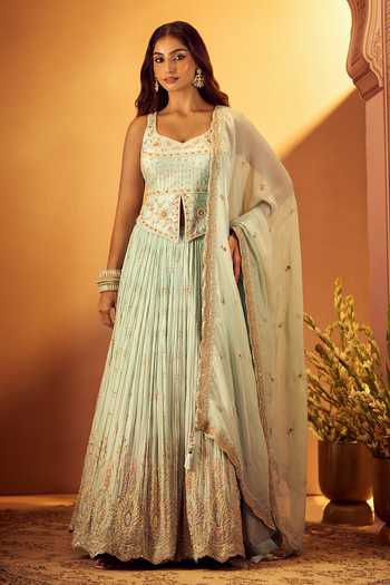 Shop_Samyukta Singhania_Sky Blue Silk, Georgette, Organza Sweetheart Embroidered Slit Top Lehenga Set 