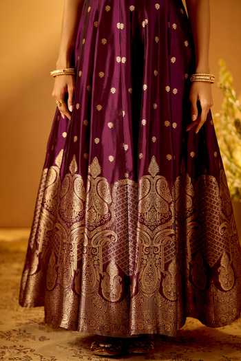 Buy Samyukta Singhania Wine Brocade Round Neck Floral Woven Anarkali With Dupatta Online at Aza Fashions Buy_Samyukta Singhania_Wine Brocade Round Neck Floral Woven Anarkali With Dupatta _Online_at_Aza_Fashions