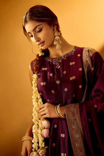 Shop Samyukta Singhania Wine Brocade Round Neck Floral Woven Anarkali With Dupatta Online at Aza Fashions Shop_Samyukta Singhania_Wine Brocade Round Neck Floral Woven Anarkali With Dupatta _Online_at_Aza_Fashions