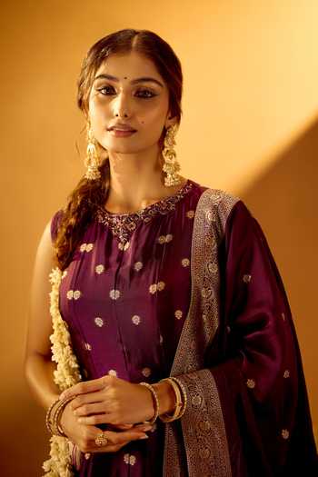 Samyukta Singhania Wine Brocade Round Neck Floral Woven Anarkali With Dupatta at Aza Fashions Samyukta Singhania_Wine Brocade Round Neck Floral Woven Anarkali With Dupatta _at_Aza_Fashions