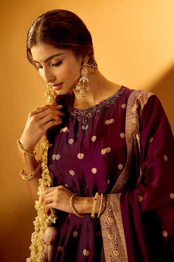 Buy Samyukta Singhania Wine Brocade Round Neck Floral Woven Anarkali With Dupatta Buy_Samyukta Singhania_Wine Brocade Round Neck Floral Woven Anarkali With Dupatta