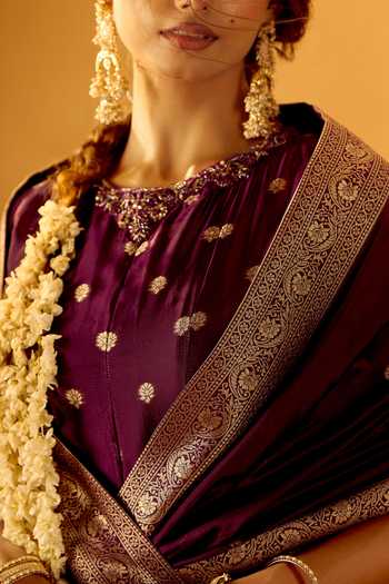 Shop Samyukta Singhania Wine Brocade Round Neck Floral Woven Anarkali With Dupatta Shop_Samyukta Singhania_Wine Brocade Round Neck Floral Woven Anarkali With Dupatta