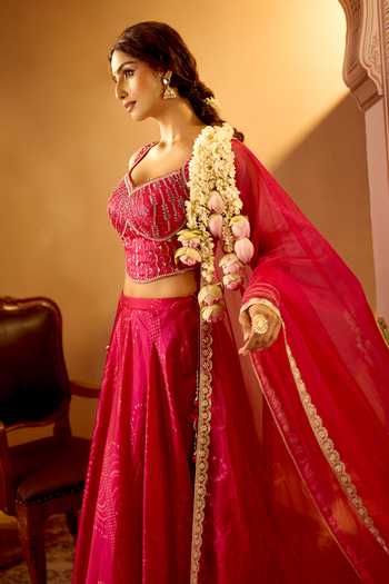 Shop Samyukta Singhania Purple Tissue V-neck Embroidered Lehenga Set Shop_Samyukta Singhania_Purple Tissue V-neck Embroidered Lehenga Set