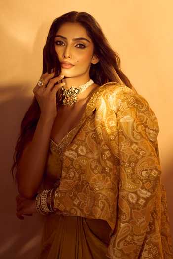 Shop_Samyukta Singhania_Yellow Tissue, Jacquard Collared Paisley Embroidered Jacket Draped Skirt Set _Online_at_Aza_Fashions
