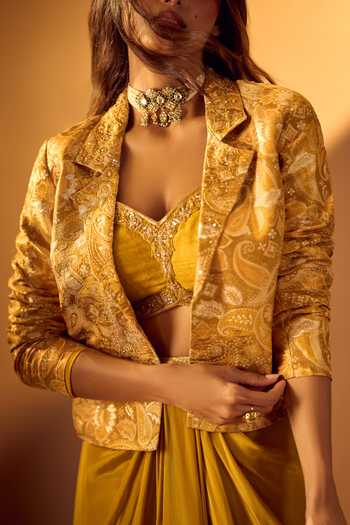 Buy_Samyukta Singhania_Yellow Tissue, Jacquard Collared Paisley Embroidered Jacket Draped Skirt Set 