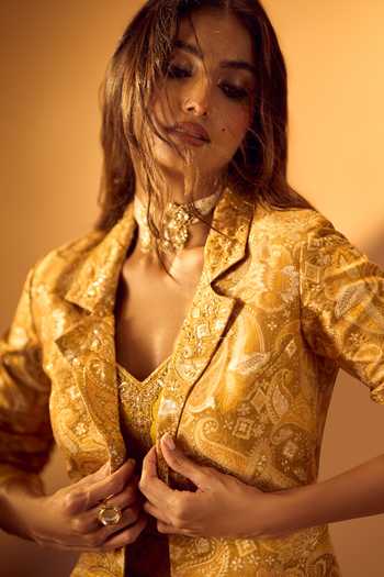 Shop_Samyukta Singhania_Yellow Tissue, Jacquard Collared Paisley Embroidered Jacket Draped Skirt Set 