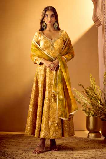 Shop Samyukta Singhania Yellow Tissue, Jacquard V-neck Anarkali With Dupatta Online at Aza Fashions Shop_Samyukta Singhania_Yellow Tissue, Jacquard V-neck Anarkali With Dupatta _Online_at_Aza_Fashions