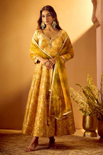 Samyukta Singhania Yellow Tissue, Jacquard V-neck Anarkali With Dupatta at Aza Fashions Samyukta Singhania_Yellow Tissue, Jacquard V-neck Anarkali With Dupatta _at_Aza_Fashions