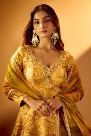 Buy Samyukta Singhania Yellow Tissue, Jacquard V-neck Anarkali With Dupatta Buy_Samyukta Singhania_Yellow Tissue, Jacquard V-neck Anarkali With Dupatta