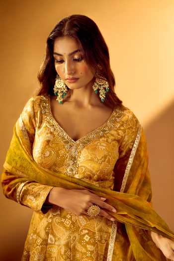 Shop Samyukta Singhania Yellow Tissue, Jacquard V-neck Anarkali With Dupatta Shop_Samyukta Singhania_Yellow Tissue, Jacquard V-neck Anarkali With Dupatta