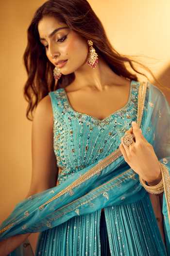 Buy Samyukta Singhania Blue Silk, Georgette, Net V-neck, Yes Embroidered Slit Kurta Lehenga Set Online at Aza Fashions Buy_Samyukta Singhania_Blue Silk, Georgette, Net V-neck, Yes Embroidered Slit Kurta Lehenga Set _Online_at_Aza_Fashions