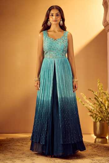 Shop Samyukta Singhania Blue Silk, Georgette, Net V-neck, Yes Embroidered Slit Kurta Lehenga Set Online at Aza Fashions Shop_Samyukta Singhania_Blue Silk, Georgette, Net V-neck, Yes Embroidered Slit Kurta Lehenga Set _Online_at_Aza_Fashions
