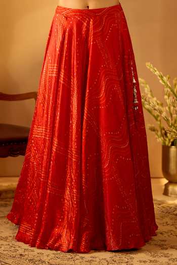 Buy_Samyukta Singhania_Red Tissue Sweetheart Neck Bandhani Pattern Lehenga Set 