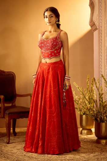 Shop_Samyukta Singhania_Red Tissue Sweetheart Neck Bandhani Pattern Lehenga Set _Online_at_Aza_Fashions