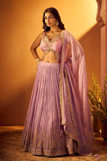 Samyukta Singhania_Purple Silk, Georgette, Organza Sweetheart Neck Embroidered Blouse Lehenga Set _at_Aza_Fashions