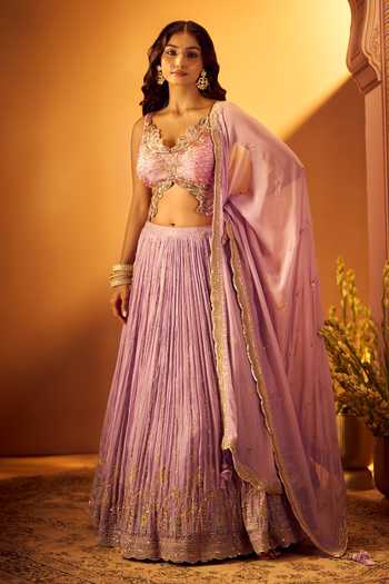 Buy_Samyukta Singhania_Purple Silk, Georgette, Organza Sweetheart Neck Embroidered Blouse Lehenga Set 