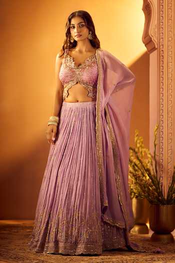 Shop_Samyukta Singhania_Purple Silk, Georgette, Organza Sweetheart Neck Embroidered Blouse Lehenga Set 