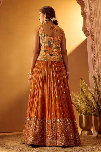 Buy Samyukta Singhania Orange Brocade, Tissue Leaf Neck Embroidered Top Pleated Lehenga Set Online at Aza Fashions Buy_Samyukta Singhania_Orange Brocade, Tissue Leaf Neck Embroidered Top Pleated Lehenga Set _Online_at_Aza_Fashions