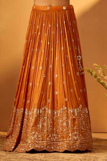 Shop Samyukta Singhania Orange Brocade, Tissue Leaf Neck Embroidered Top Pleated Lehenga Set Online at Aza Fashions Shop_Samyukta Singhania_Orange Brocade, Tissue Leaf Neck Embroidered Top Pleated Lehenga Set _Online_at_Aza_Fashions