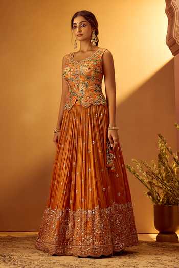 Samyukta Singhania Orange Brocade, Tissue Leaf Neck Embroidered Top Pleated Lehenga Set at Aza Fashions Samyukta Singhania_Orange Brocade, Tissue Leaf Neck Embroidered Top Pleated Lehenga Set _at_Aza_Fashions