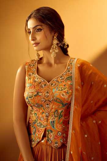 Buy Samyukta Singhania Orange Brocade, Tissue Leaf Neck Embroidered Top Pleated Lehenga Set Buy_Samyukta Singhania_Orange Brocade, Tissue Leaf Neck Embroidered Top Pleated Lehenga Set