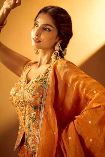 Shop Samyukta Singhania Orange Brocade, Tissue Leaf Neck Embroidered Top Pleated Lehenga Set Shop_Samyukta Singhania_Orange Brocade, Tissue Leaf Neck Embroidered Top Pleated Lehenga Set
