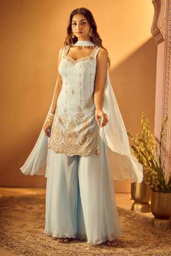 Samyukta Singhania Sky Blue Georgette Sweetheart Neck Embroidered Short Kurta Palazzo Set at Aza Fashions Samyukta Singhania_Sky Blue Georgette Sweetheart Neck Embroidered Short Kurta Palazzo Set _at_Aza_Fashions