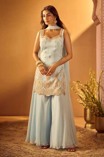Shop Samyukta Singhania Sky Blue Georgette Sweetheart Neck Embroidered Short Kurta Palazzo Set Shop_Samyukta Singhania_Sky Blue Georgette Sweetheart Neck Embroidered Short Kurta Palazzo Set