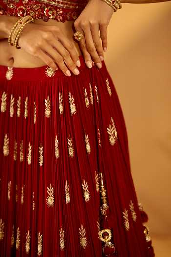 Shop_Samyukta Singhania_Maroon Silk, Georgette Square Neck Floral Sequin Embroidered Lehenga Set _Online_at_Aza_Fashions