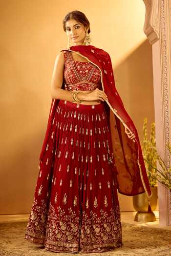 Shop_Samyukta Singhania_Maroon Silk, Georgette Square Neck Floral Sequin Embroidered Lehenga Set 