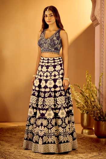 Buy_Samyukta Singhania_Blue Silk, Georgette V-neck Floral Embroidered Lehenga Set _Online_at_Aza_Fashions