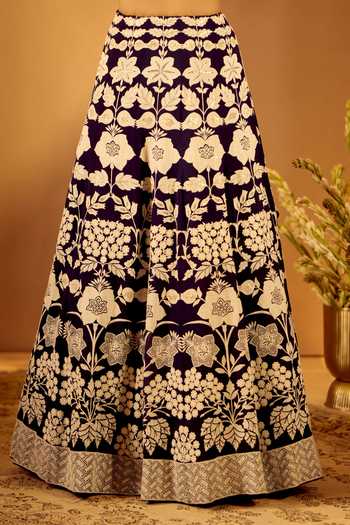 Shop_Samyukta Singhania_Blue Silk, Georgette V-neck Floral Embroidered Lehenga Set _Online_at_Aza_Fashions